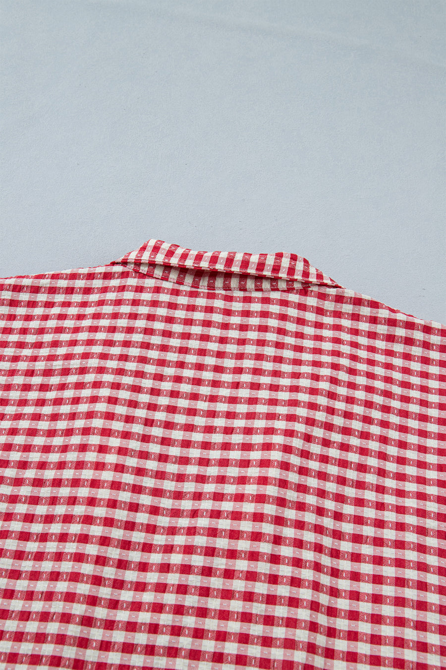 Gingham Short Sleeve Color Block Trim Split Neck Blouse- 2 Colors