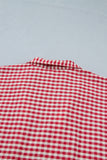 Gingham Short Sleeve Color Block Trim Split Neck Blouse- 2 Colors