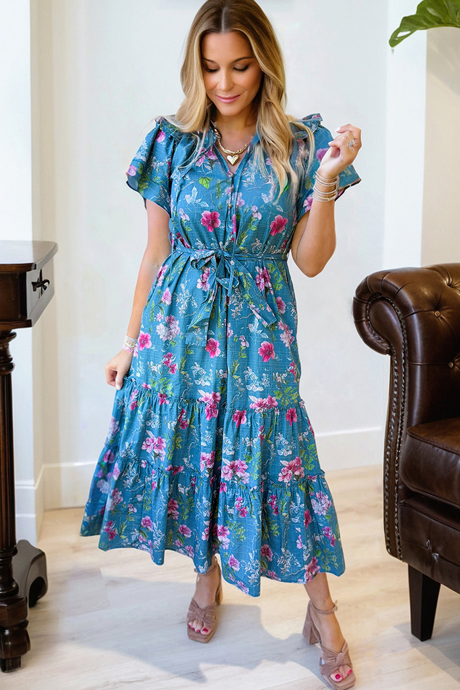 Blue Floral Flutter Sleeve Tie Neck Belted Midi Dress