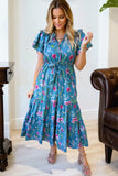 Blue Floral Flutter Sleeve Tie Neck Belted Midi Dress