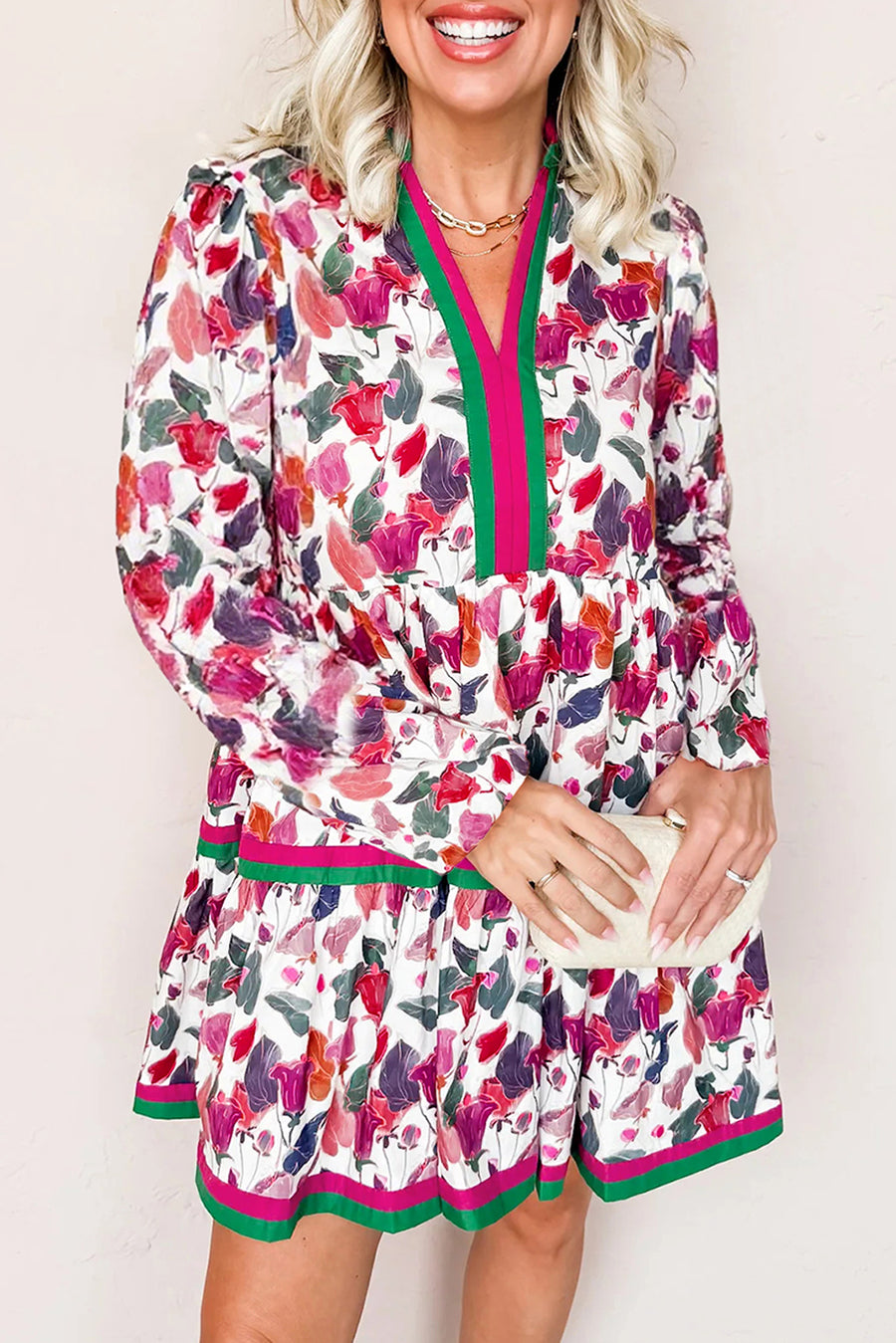 Multicolored Floral Print Contrast Striped Long Sleeve Mini Dress with Pockets