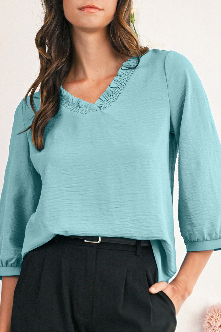 Frill V-Neck Lantern Sleeve Crinkled Blouse- 3 Colors