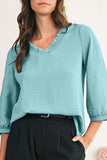 Frill V-Neck Lantern Sleeve Crinkled Blouse- 3 Colors