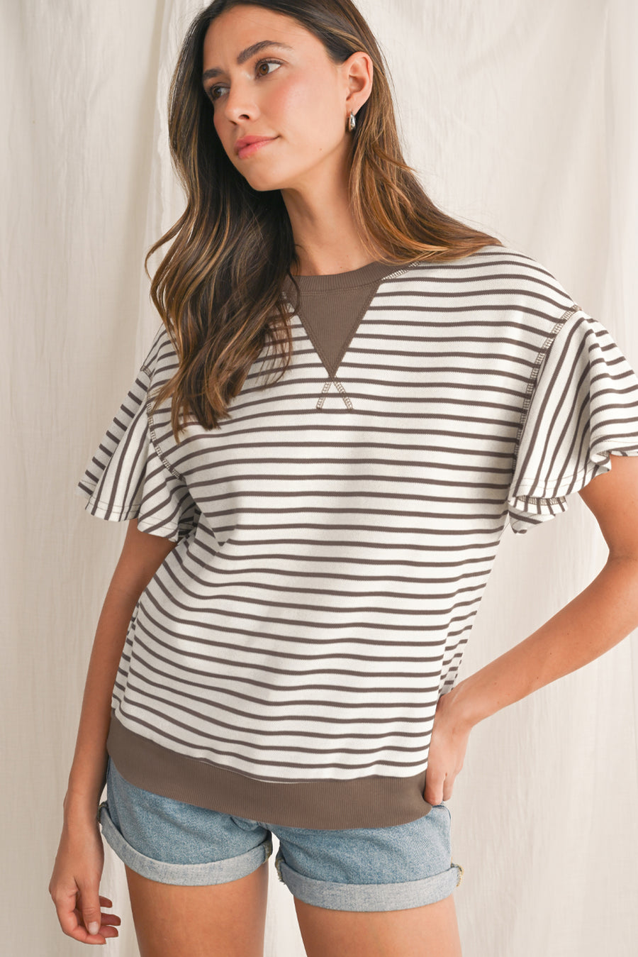 Striped Ruffle Sleeve Crew Neck T-Shirt- 3 Colors