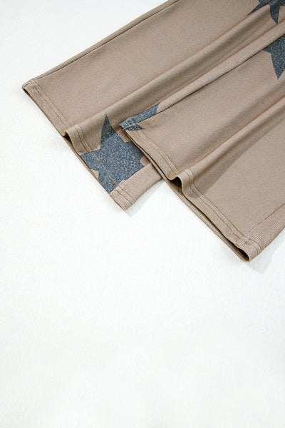 Khaki Retro Star Print Long Sleeve Pullover Drawstring Wide Leg Pajama Set