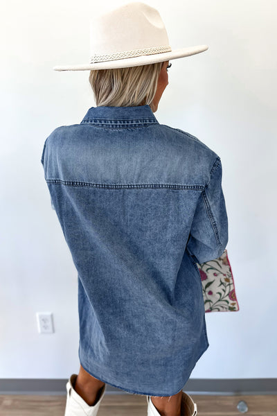 Beau Blue Chest Pocket Raw Hem Denim Loose Shirt Dress