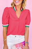 Puff Sleeve Color Block Frill V-Neck Blouse