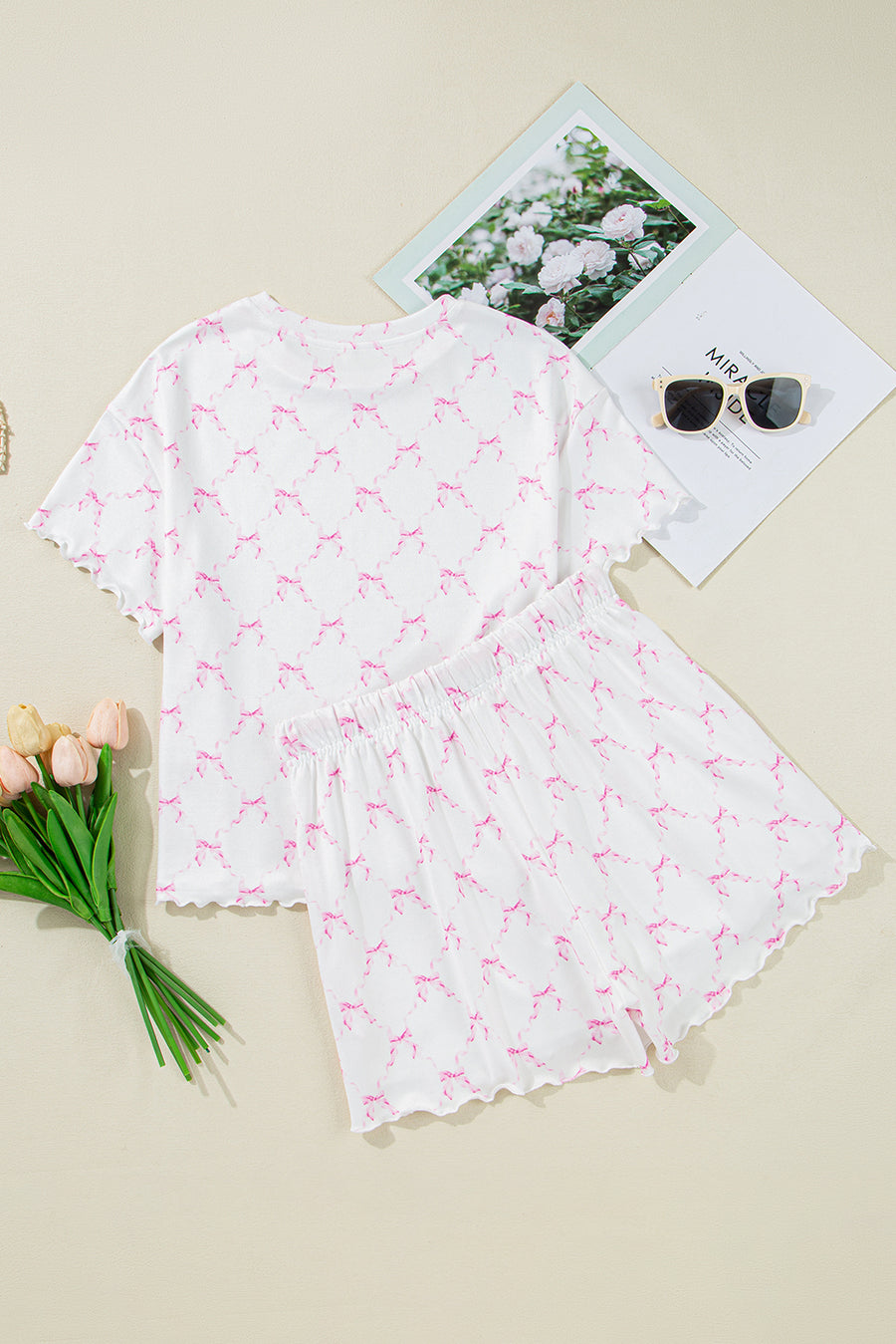 Pink Bow Print Lettuce Trim Short Sleeve Top and Shorts Pajama Set