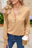 Button-Up V-Neck Long Sleeve Top- 3 Colors