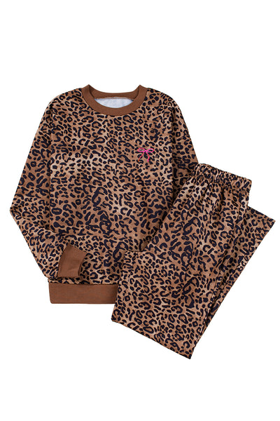Coffee Allover Leopard Print Contrast Trim Long Sleeve Top and Pants Set