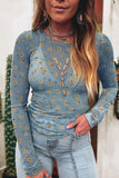Floral Print Mesh Slim Fit Long Sleeve Blouse- 2 Colors