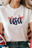 White USA Lettering Bow Embroidered T-Shirt