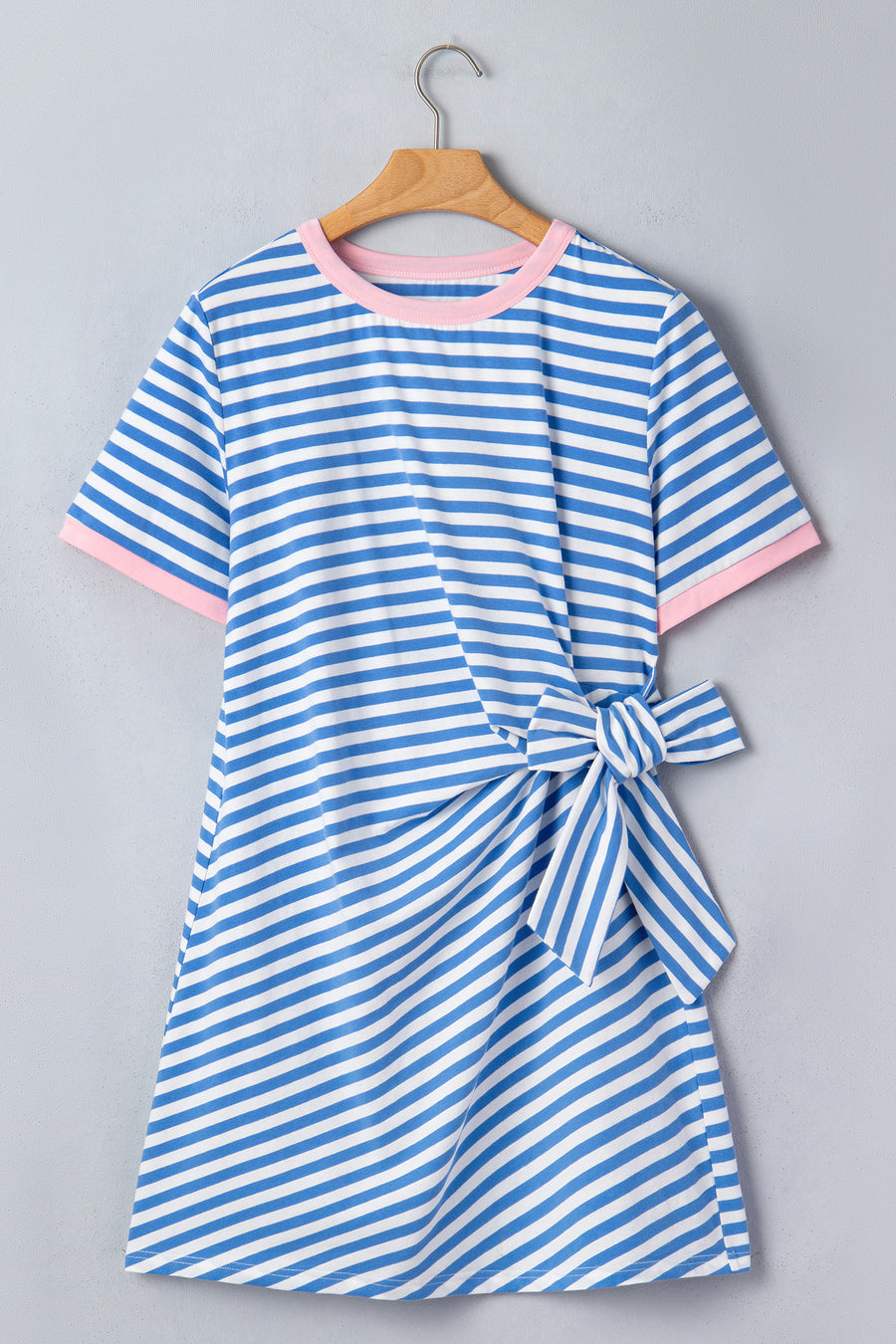 Striped Tie Front Contrast Trim Crew Neck T-Shirt Mini Dress- 3 Colors