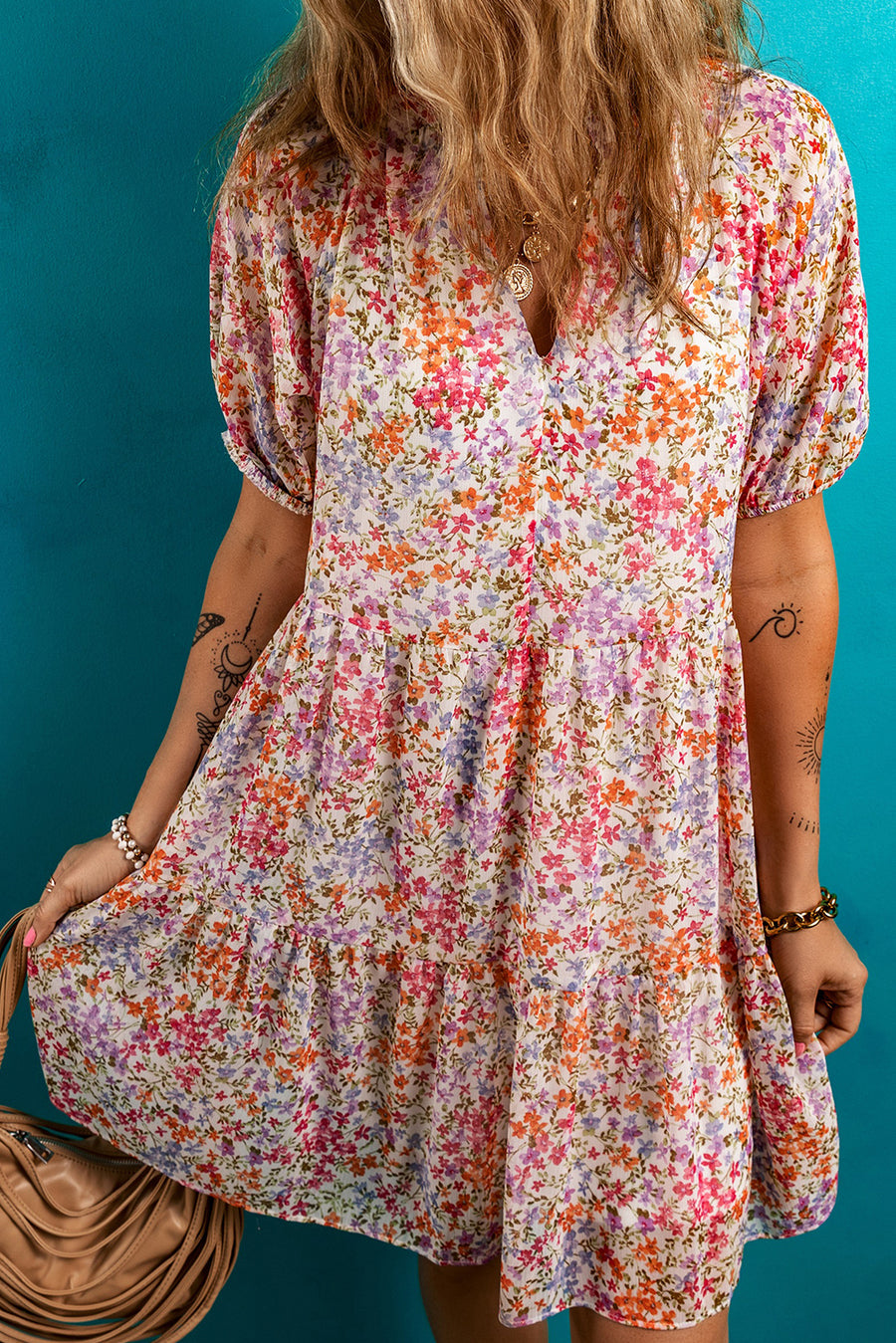 Multicolored Floral Print Notched V-Neck Puff Sleeve Tiered Mini Dress