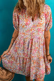 Multicolored Floral Print Notched V-Neck Puff Sleeve Tiered Mini Dress