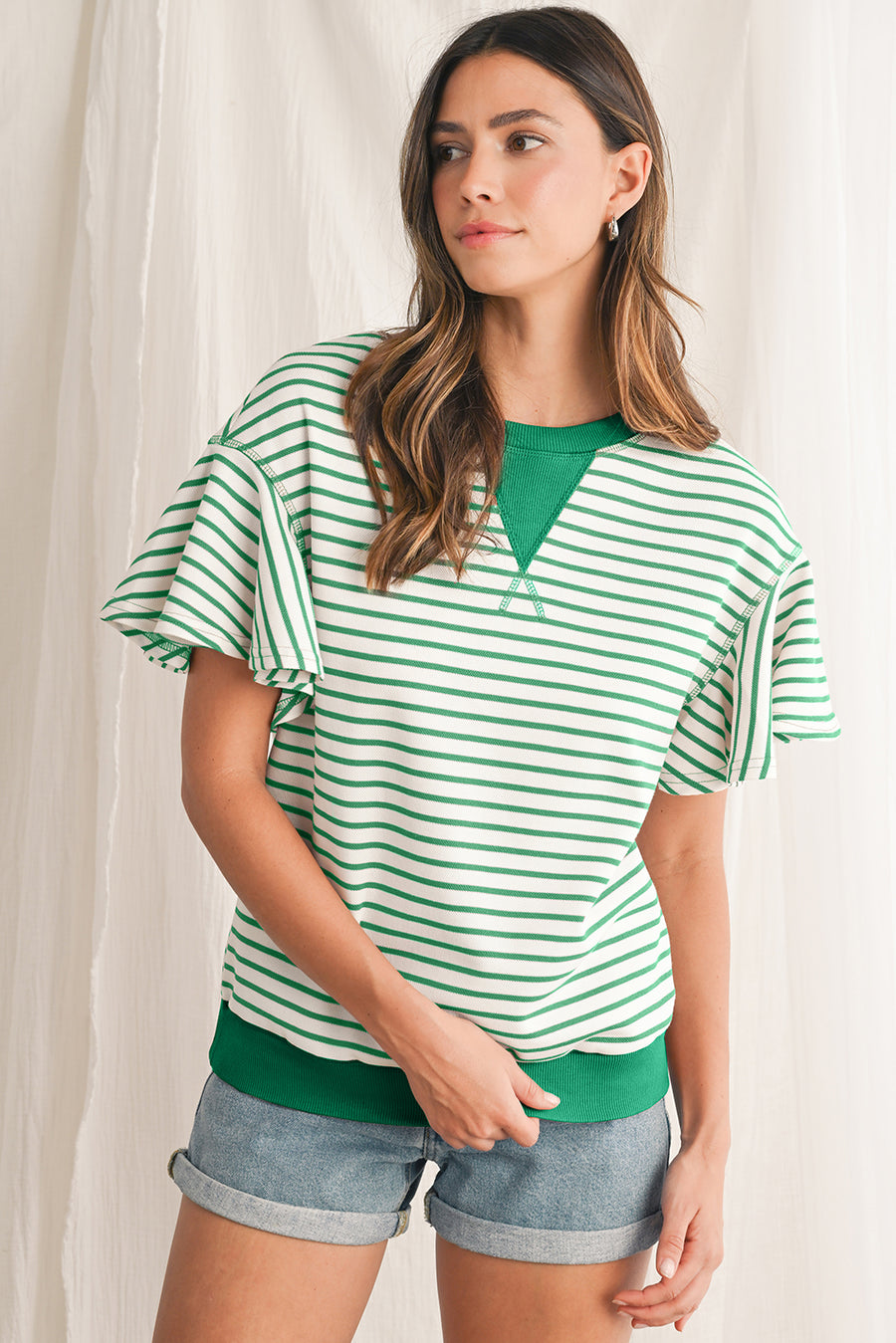 Striped Ruffle Sleeve Crew Neck T-Shirt- 3 Colors