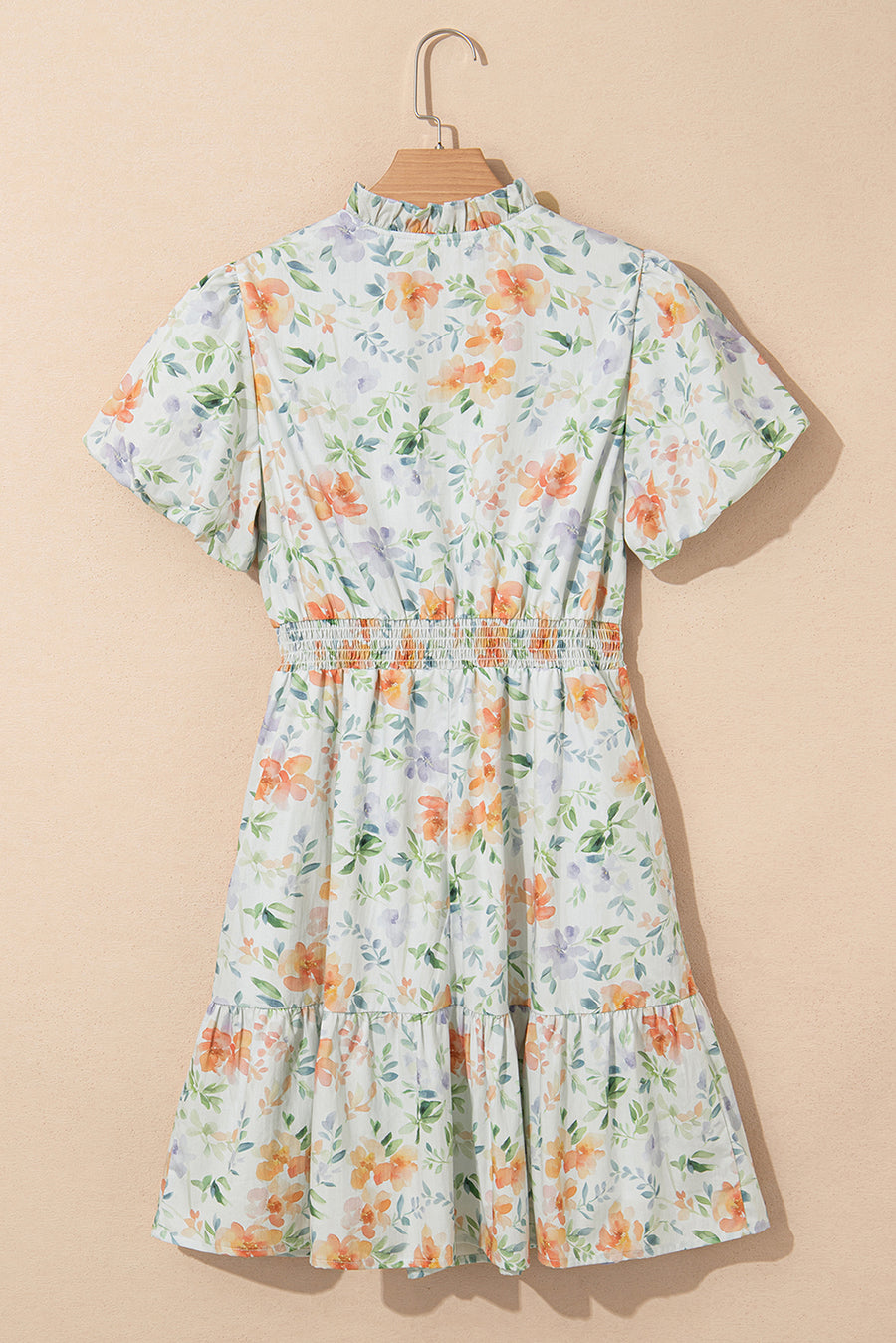 Orange Floral Print Smocked High Waist Puff Sleeve Mini Dress