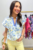 Blue Floral Frilled Notch Neck Ruffle Sleeve Blouse