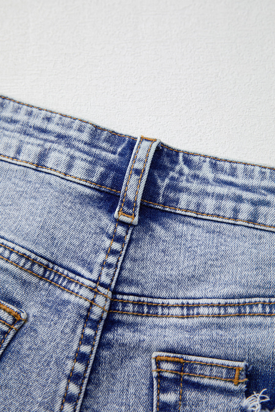 Acid Washed Pearl Studded Pocket Raw Hem Denim Shorts