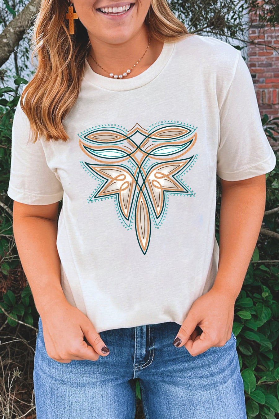 White Boot Stitch Pattern Heat Transfer Printing Cotton Blend Tee