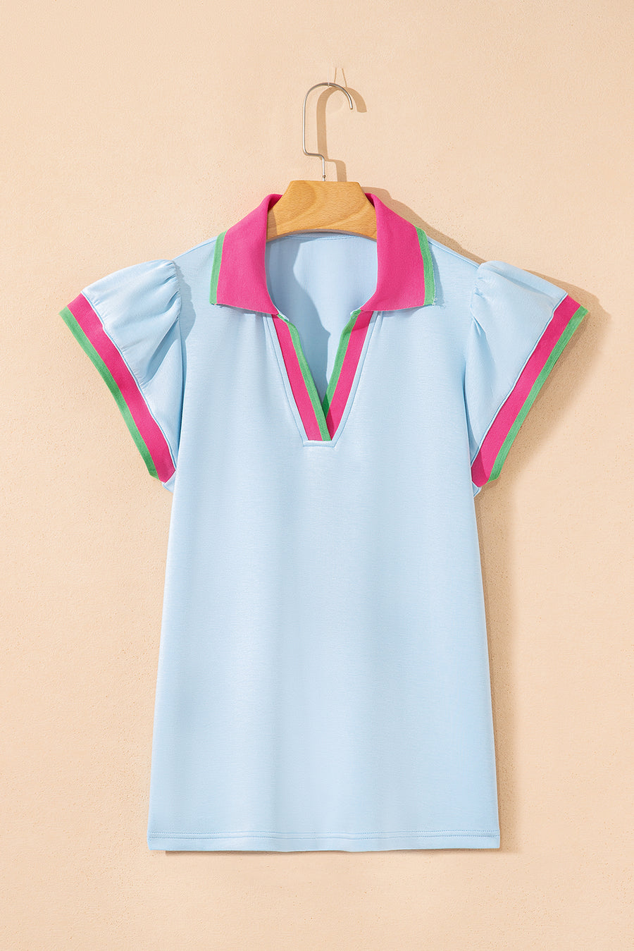 Baby Blue Collared V-Neck Ruffle Sleeve Blouse
