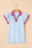 Baby Blue Collared V-Neck Ruffle Sleeve Blouse