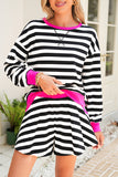 Striped Contrast Trim Long Sleeve Top and Shorts Set- 2 Colors