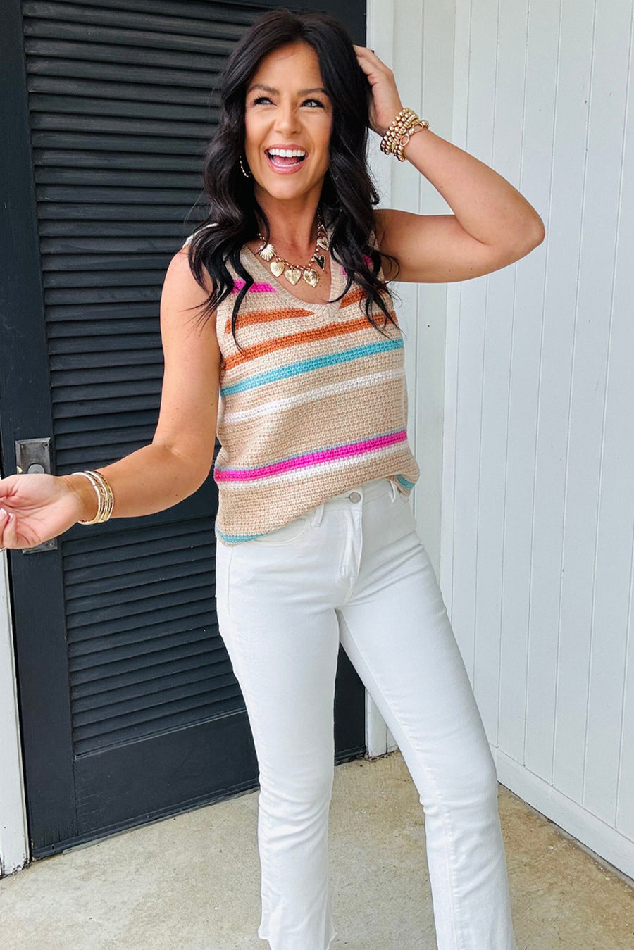 Khaki Striped V-Neck Textured Knit Vest