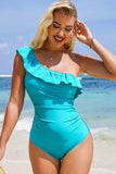 Solid Color Ruffle Trim One-Shoulder One-Piece Swimsuit- 3 Colors