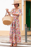 Multicolored Floral Short Sleeve V-Neck High Waist Maxi Dress