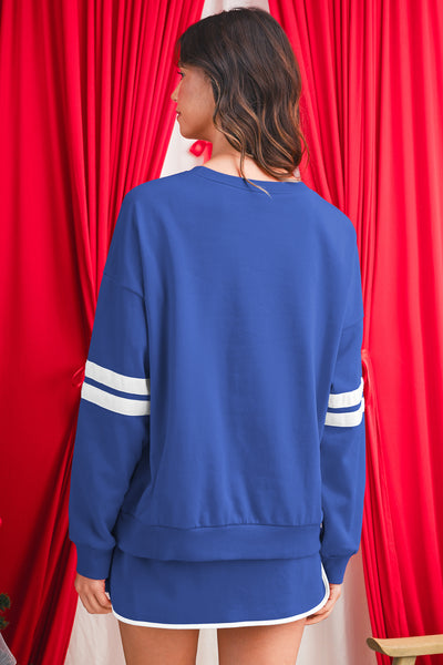 Tillandsia Purple Varsity Stripe Detail Drop Shoulder Pullover Mini Skort Set