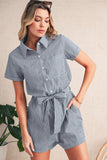 Railroad Striped Chest Pockets Button-Up Belted High-Waist Romper