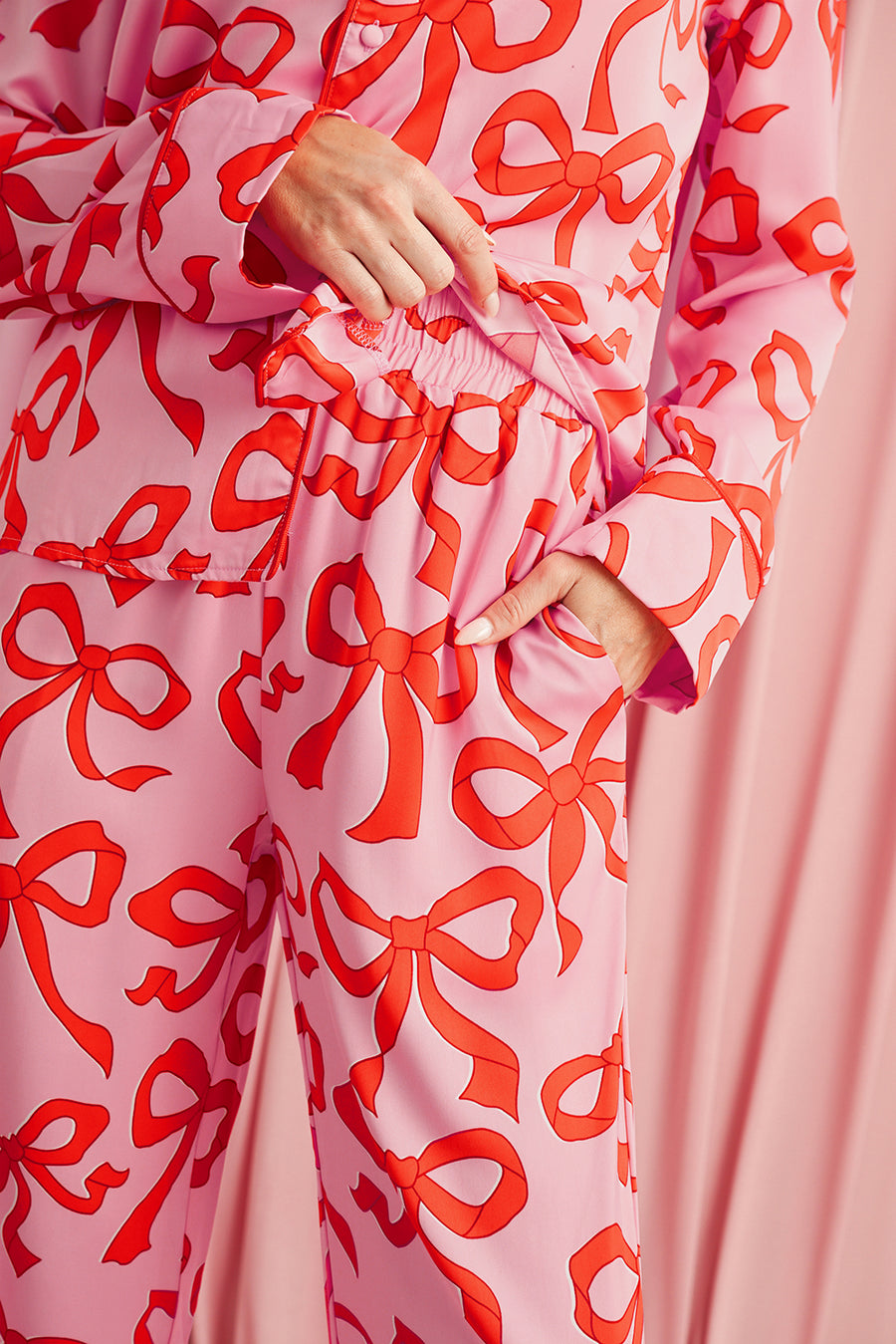 Pink All Over Bow Print Long Sleeve Button-Up Top and Pants Pajama Set