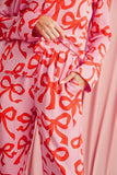 Pink All Over Bow Print Long Sleeve Button-Up Top and Pants Pajama Set