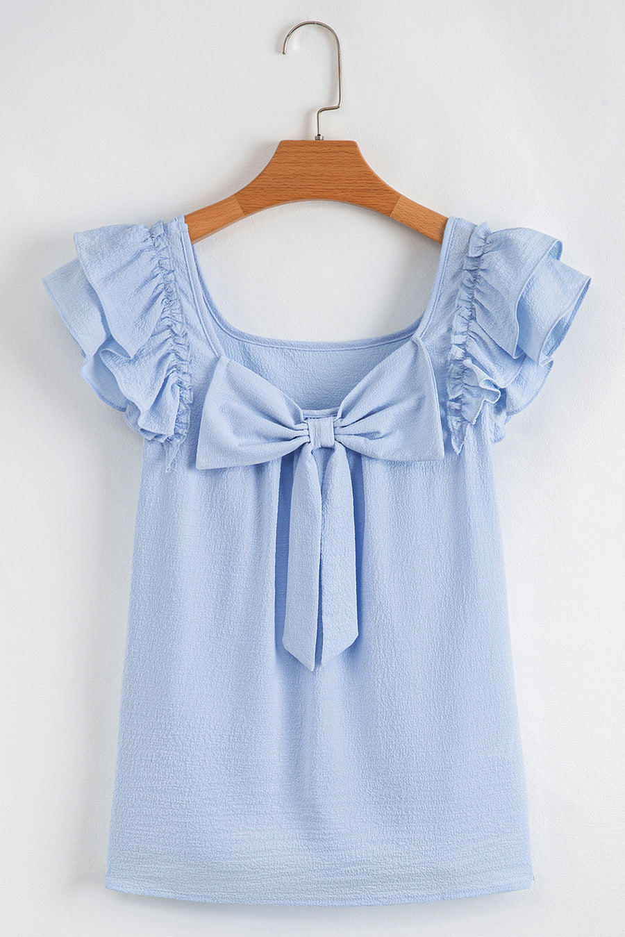Textured Bow Frilled Ruffle Sleeve Blouse- Light Blue
