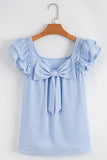 Textured Bow Frilled Ruffle Sleeve Blouse- Light Blue