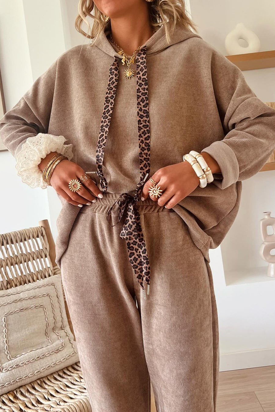 Contrast Drawstring Hoodie and High Waist Pants Corduroy Set- 5 Colors
