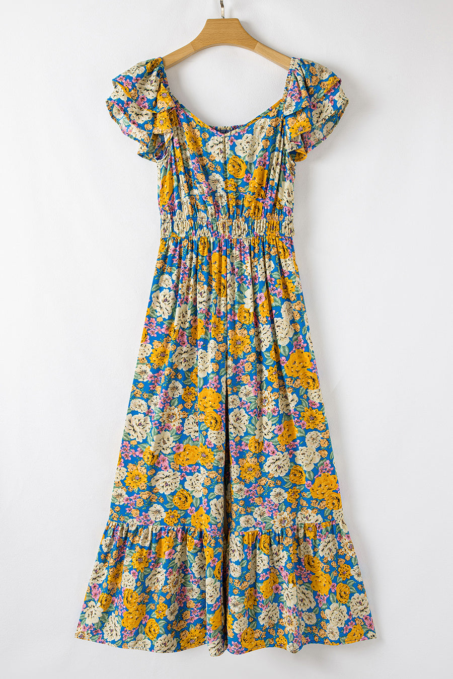 Yellow Floral Print Shirred Cut-Out High-Waist Jumpsuit
