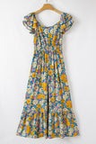 Yellow Floral Print Shirred Cut-Out High-Waist Jumpsuit