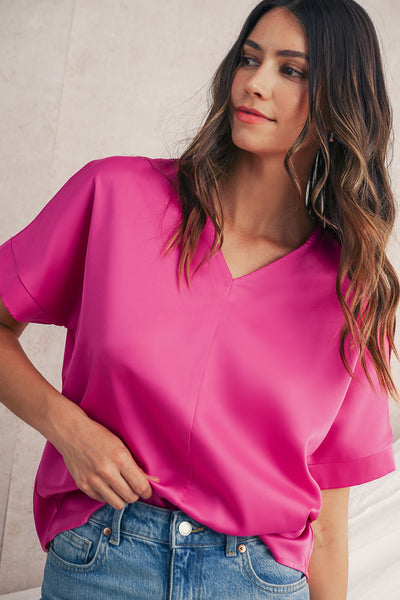 Bright Pink V-Neck Dolman Sleeve Loose Top