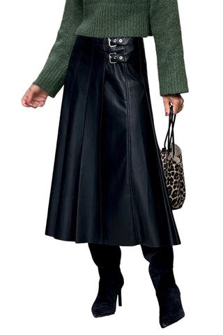 Black Faux Leather Retro Buckle Detail Pleated Stitch Flared Midi Skirt