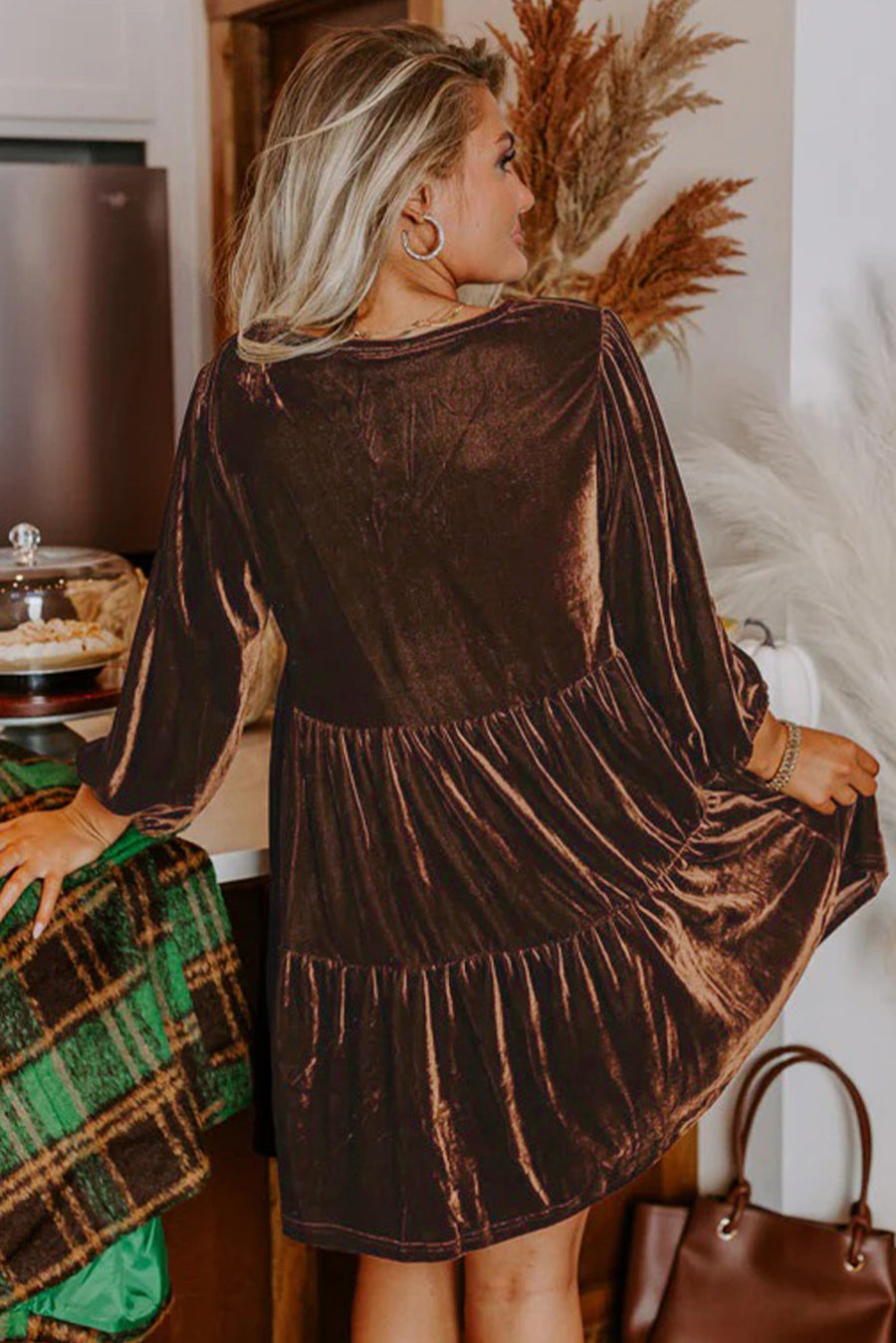 Chicory Coffee Velvet V-Neck Long Sleeve Tiered Mini Dress