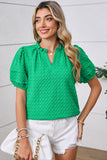 Bright Green Textured Puff Sleeve Frilled & Notched V-Neck Blouse