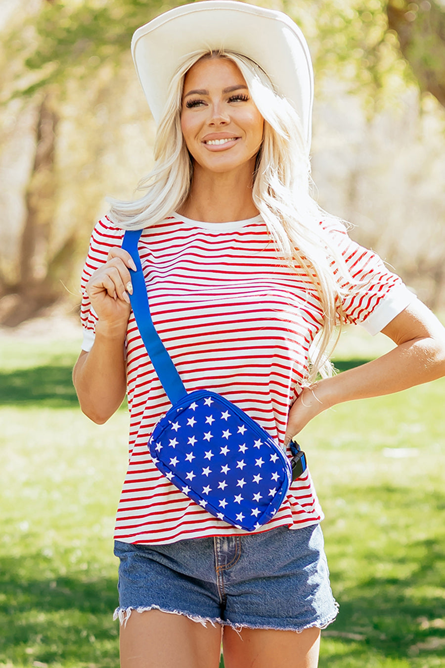Red Striped Contrast Trim Crew Neck Short Puff Sleeve T-Shirt