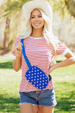 Red Striped Contrast Trim Crew Neck Short Puff Sleeve T-Shirt
