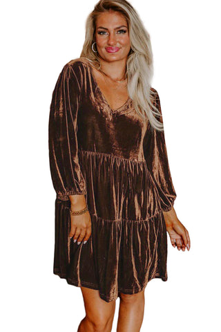 Chicory Coffee Solid Color Velvet V Neck Long Sleeve Tiered Mini Dress