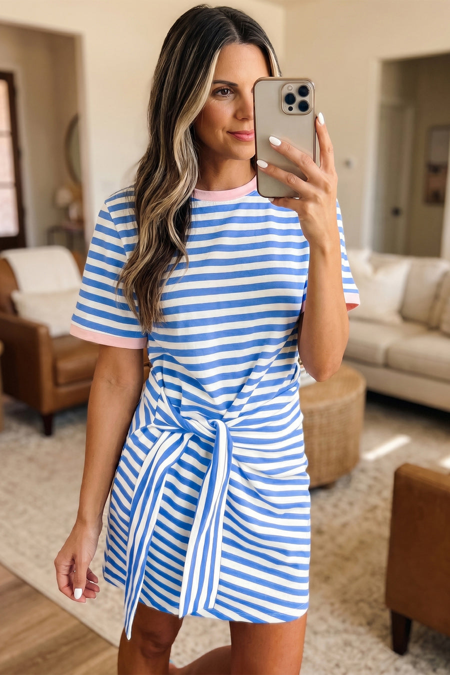 Striped Tie Front Contrast Trim Crew Neck T-Shirt Mini Dress- 3 Colors