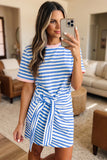 Striped Tie Front Contrast Trim Crew Neck T-Shirt Mini Dress- 3 Colors