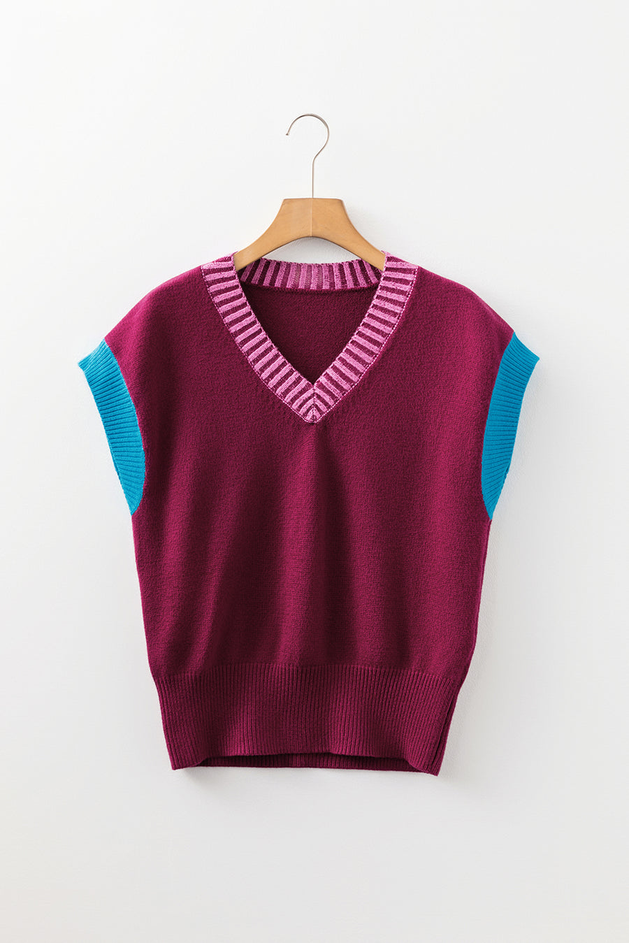 Burgundy Contrast Trim V-Neck Short Sleeve Loose Sweater