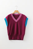 Burgundy Contrast Trim V-Neck Short Sleeve Loose Sweater